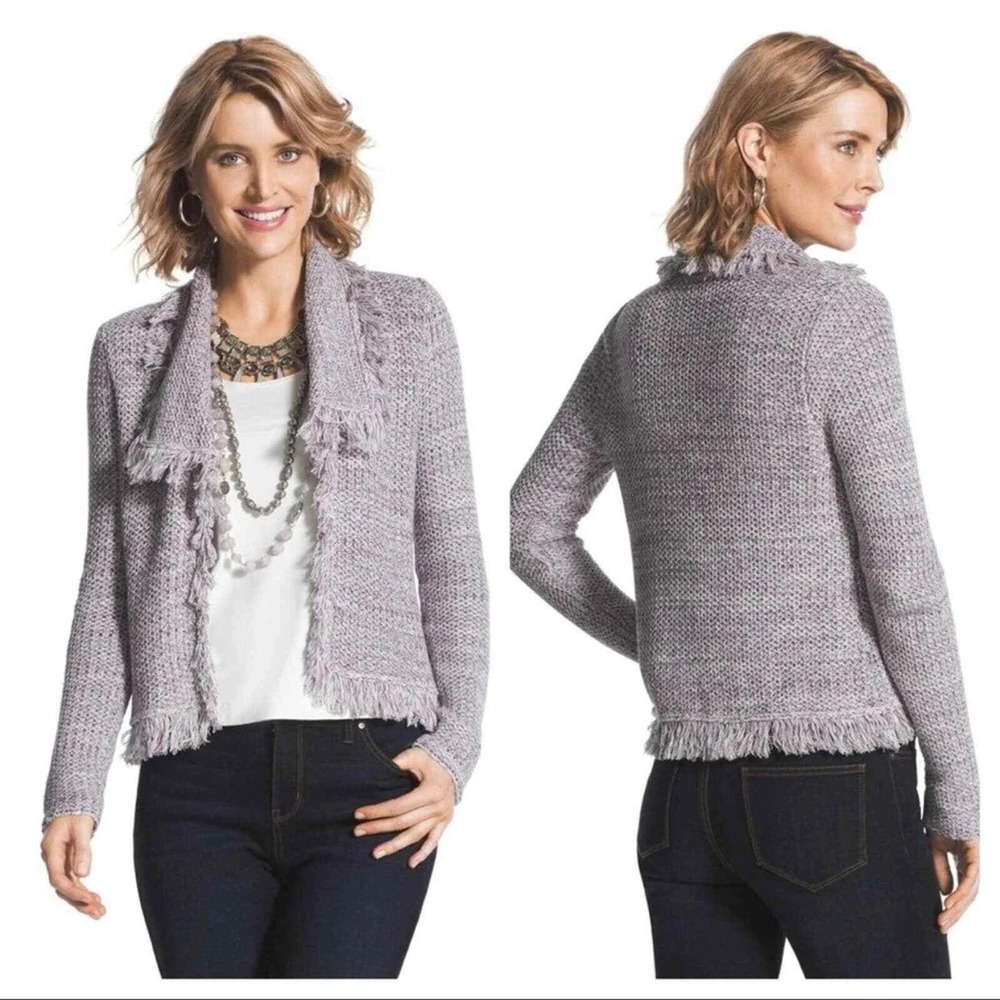 Chico's Freida Fringe Open Knit Cardigan Sweater Gray Lavender Silver Metallic 1